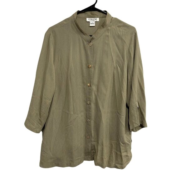 Citron Santa Monica Womens Olive Green Silk Button-Up 3/4 Sleeve Blouse Sz 1X - Picture 1 of 9